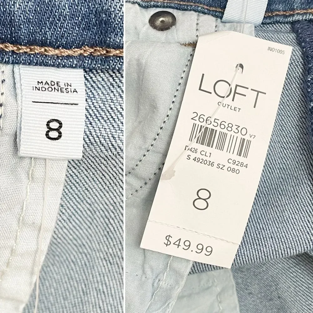 NWT LOFT Bermuda Roll Denim Shorts Size 8 Medium Wash Distressed Cuffed Stretch
